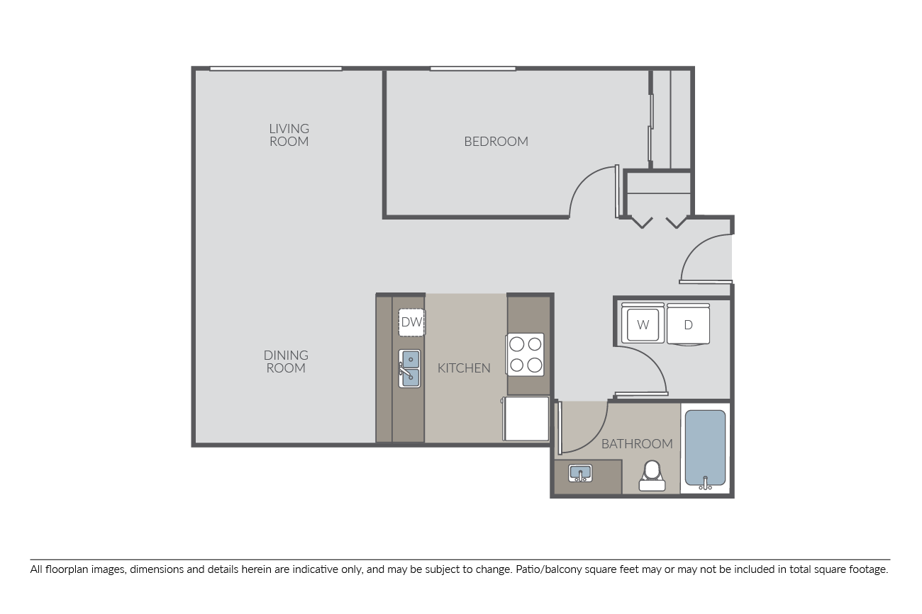 Floor plan for 1 bed, 1 bath, 830 sqft
